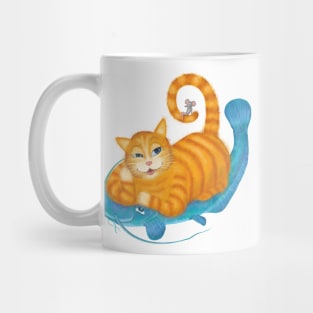 Orange tabby cat and blue catfish floating in a sea of joy Mug